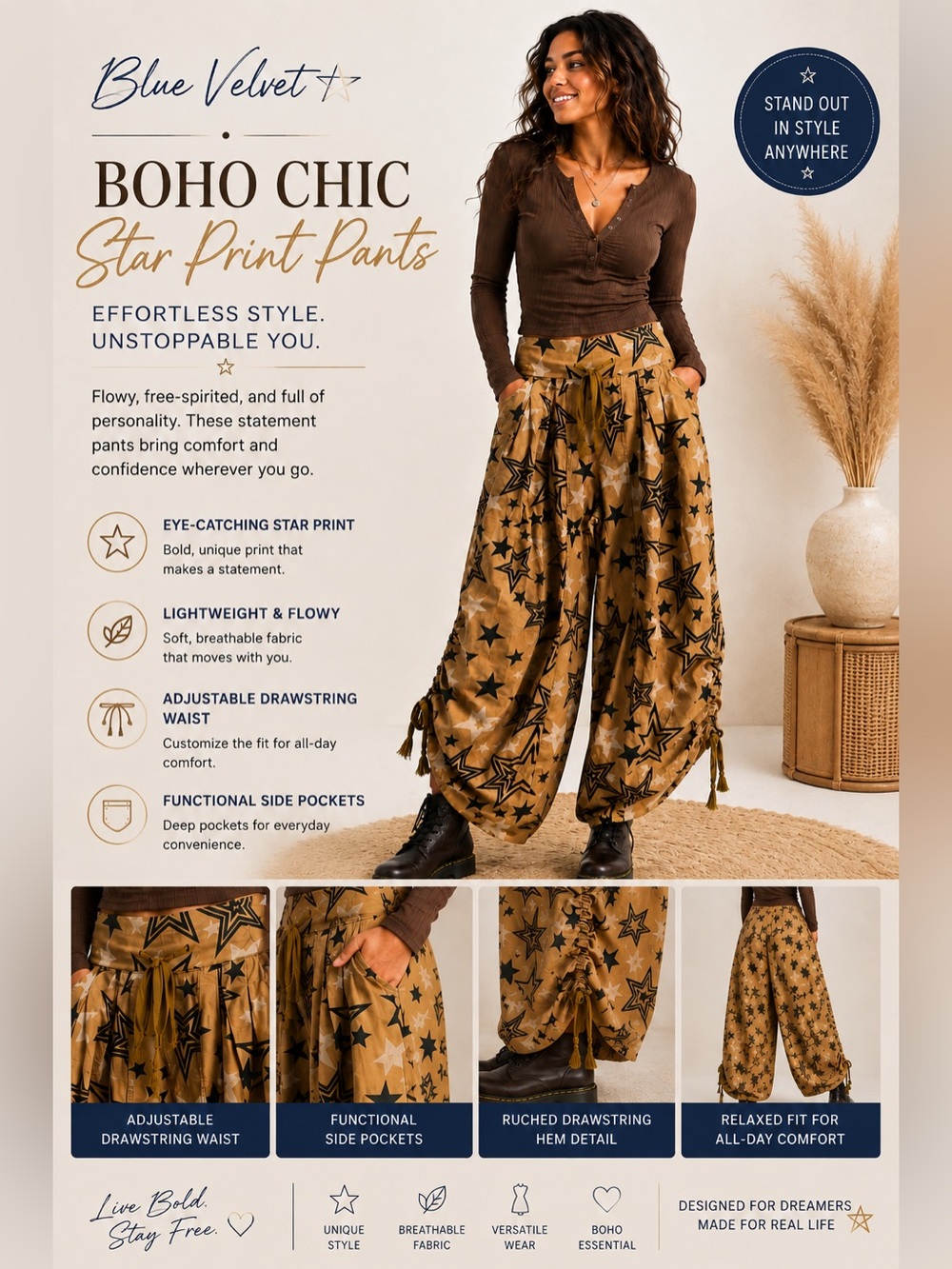 Blue Velvet Star Ruched Wide Leg Pants Large